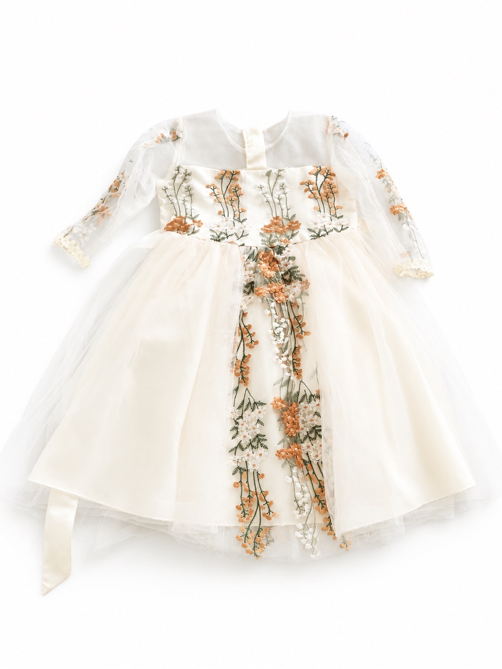 Girls' Ivory Floral Applique Tulle Formal Dress